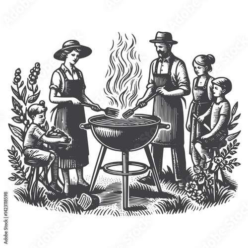 Vintage Hand-Drawn Barbecue Grill with Family Gathering Illustration – Outdoor Cooking Engraved Style Vector for T-Shirts, Posters, Stickers, and Rustic Home Apparel