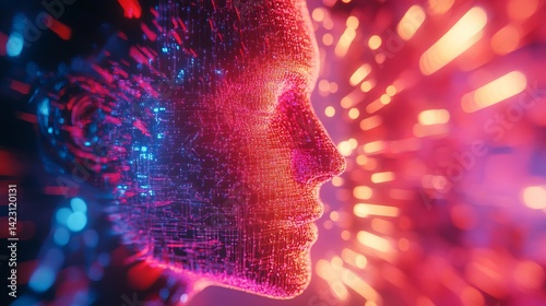 Abstract digital face artificial intelligence network technology concept ai 3d sci red data pink blue