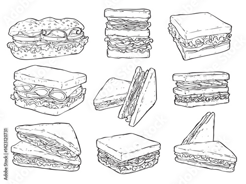 Set of hand drawn sandwich isolated outline drawing food vector
