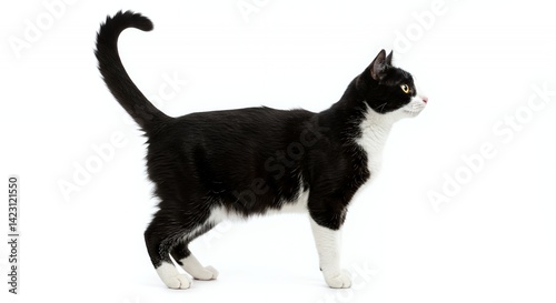 Elegant Profile of a Black and White Tuxedo Cat Standing Isolated on White Background in a Bright Studio Shot Showcasing its Beautiful Fur and Alert Expression Optimized for Adobe Stock Photo