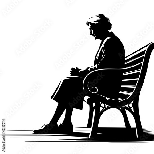 Silhouette of an elderly woman contemplating on a bench  