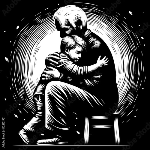 Loving embrace between grandfather and grandson against dark background  