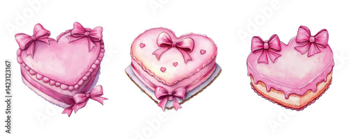 Watercolor set of retro heart-shaped cakes decorated with pink bows. Vintage coquette cakes in pink colors with ribbon bows in the style of the 70s, 80s. Groovy Coquette Design