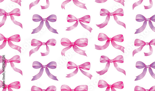 Background of pink bows of a coquette. White background with pink bows of satin ribbons in random order. Coquette aesthetics, vintage background of the 70s, 80s. Pink ribbon on a light background.