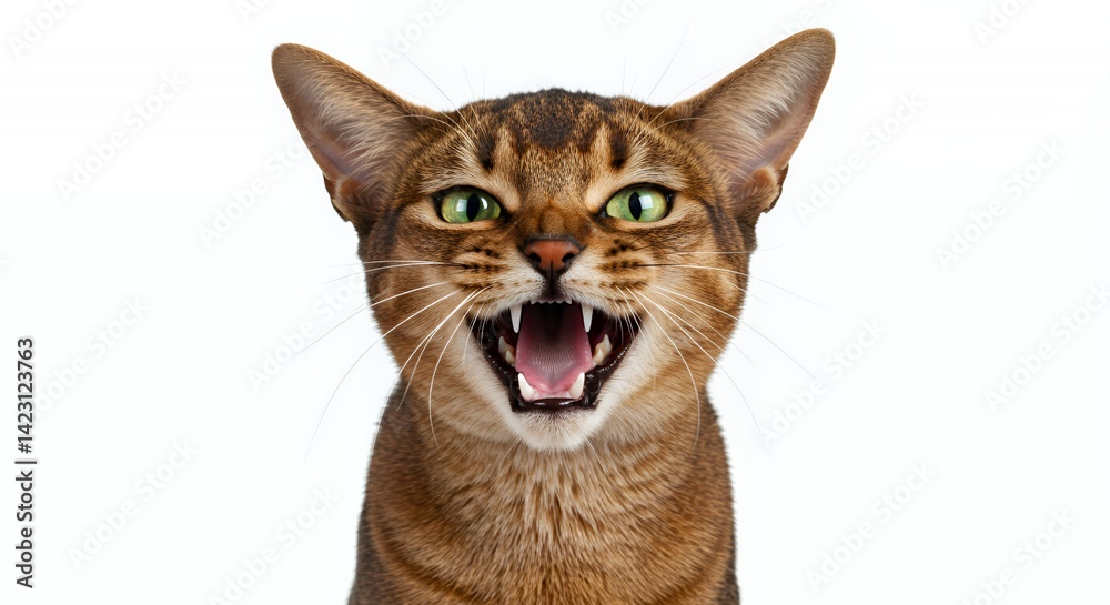Obraz premium Angry Abyssinian Cat with Open Mouth and Visible Fangs Isolated by White Screen Close Up Studio Shot Feline Portrait Tabby Pattern and Expressive Features Under Studio Lighting
