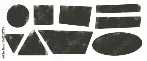 Ink lino rolled geometric shapes with noise set. Text boxes grainy textured frames pack. Trapezium, rectangles, oval and circles. Vector hand drawn quotation stickers shapes. Grunge geometric figures.