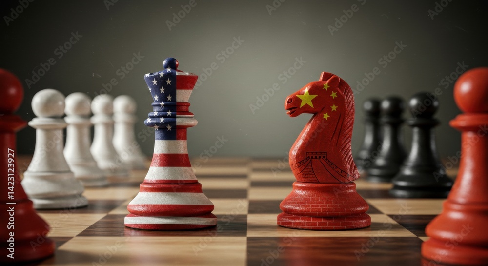 Obraz premium US-China Geopolitical Chess Match: Queen vs. Knight Standoff