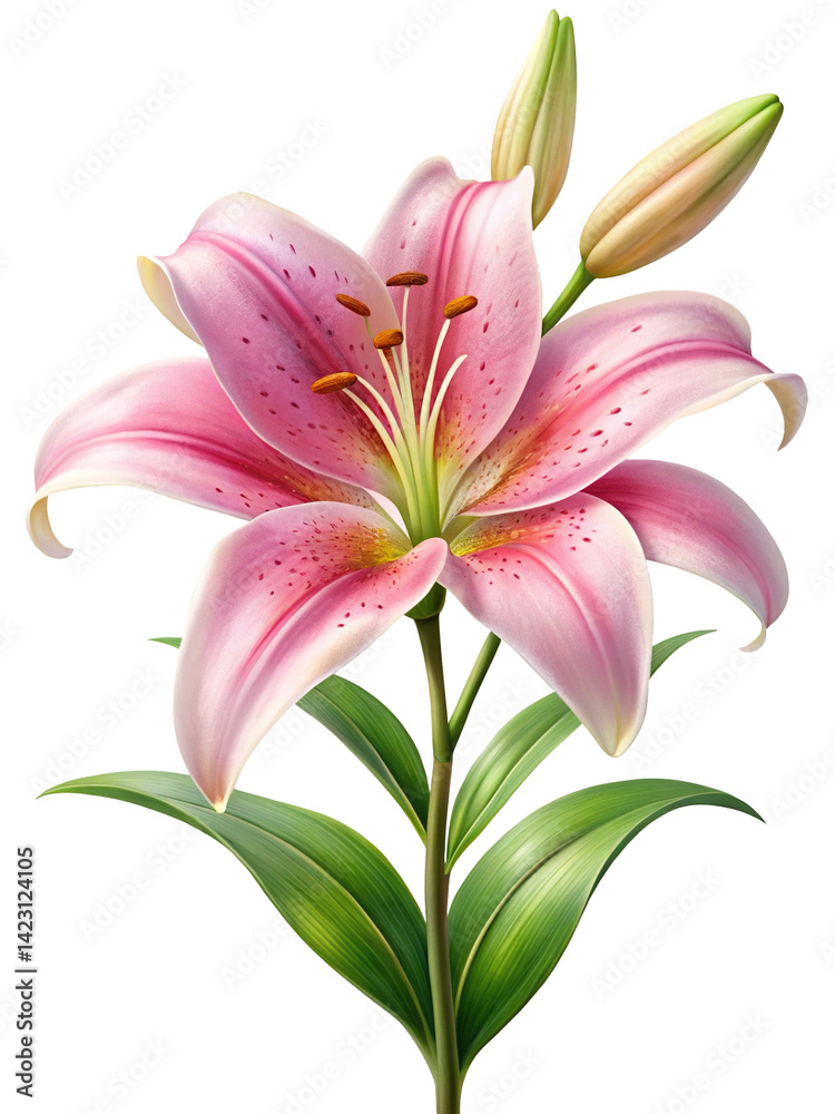 Fototapeta premium Beautiful pink lily flower with green leaves and two flower buds art