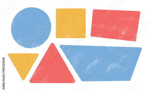 Multi colors textured geometric shape set. Text boxes kids frames pack. Oval, circle and square figures. Vector hand drawn quotation triangles and trapezium stickers shapes. Flat figures illustration.
