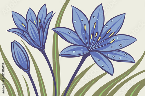 Blue Water Lilies Elegant Botanical Illustration