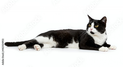 Elegant Tuxedo Cat Lying Down Isolated on a White Background with Sleek Black and White Coat and Attentive Gaze Perfect for Decoration and Creative Projects