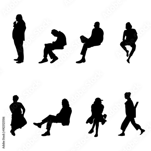 8 png silhouettes of people in sitting postures and standing	
