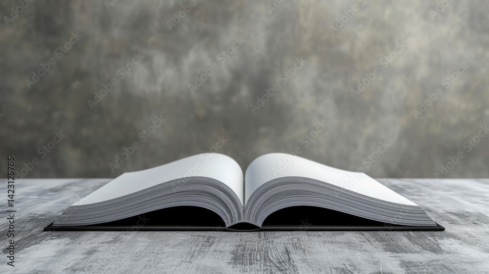 Open book with blank white pages sits on a grey wood surface against a blurred grey background.
