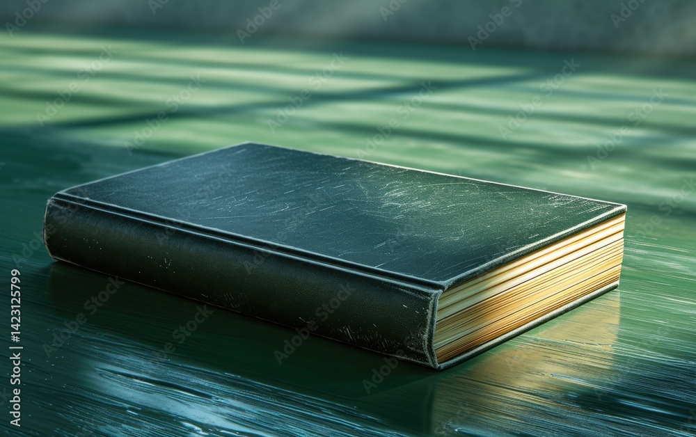 Green leather bound book lies on a dark green wooden surface illuminated by soft light.