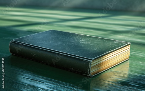 Obraz na płótnie Green leather bound book lies on a dark green wooden surface illuminated by soft light. w salonie