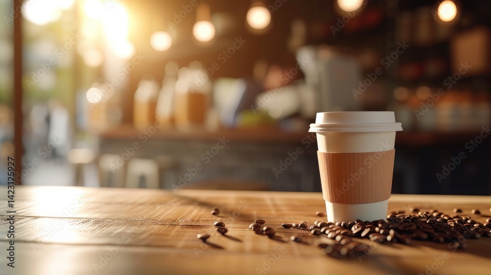 Disposable coffee cup sits on a wooden table next to scattered coffee beans in Cafe