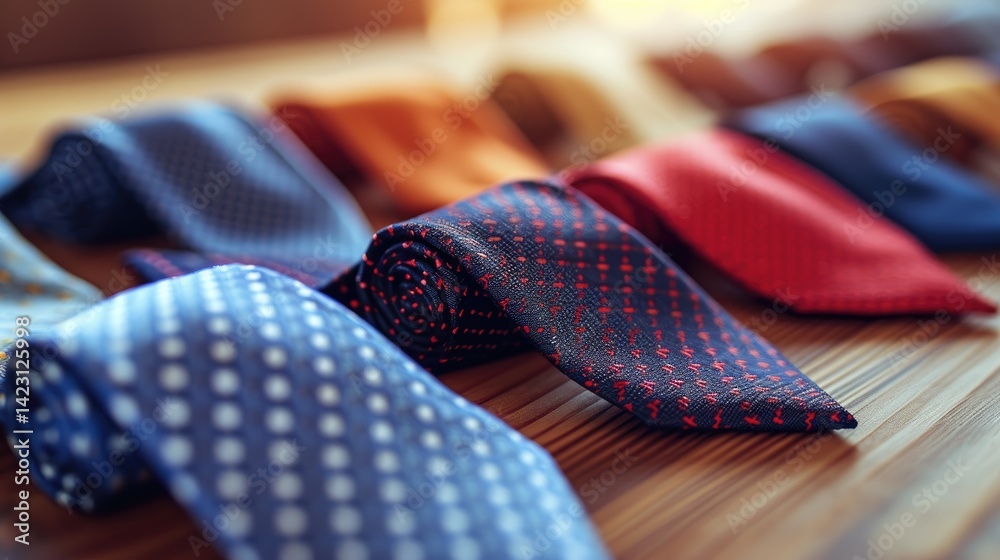 A close-up shot of several rolled-up men's neckties in various colors and patterns displayed on a wooden surface.