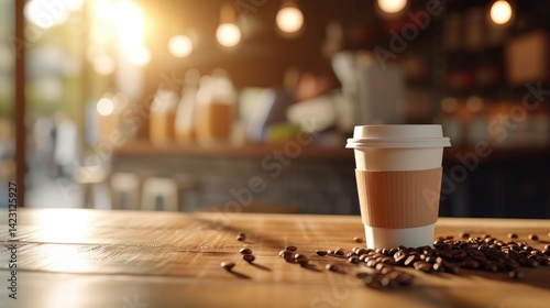 Obraz na płótnie Disposable coffee cup sits on a wooden table next to scattered coffee beans in Cafe w salonie