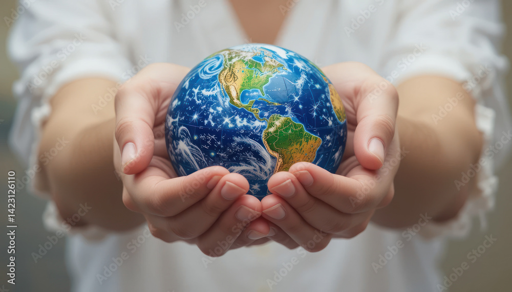 Hands Holding Miniature Earth Model Symbolizing Global Unity and Environmental Awareness in a Natural Setting Hands Holding Miniature Earth Model Symbolizing Global Unity and Environmental Awareness in a Natural Setting