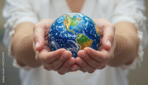 Hands Holding Miniature Earth Model Symbolizing Global Unity and Environmental Awareness in a Natural Setting