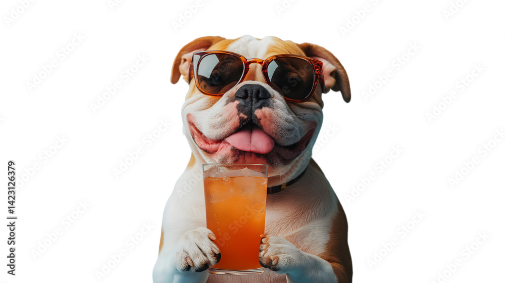 Happy dog holds a drink, ready to celebrate summer vibes, PNG, created with AI