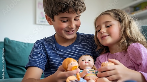 Brother and sister playing with dolls, bonding, imaginative play, shared joy at home photo