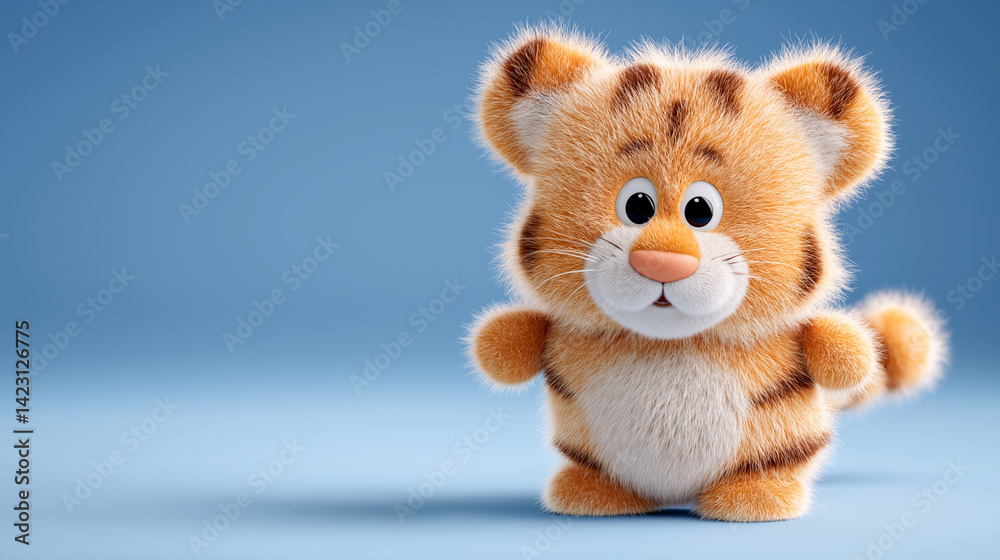 Fototapeta premium Cute tiger figure stands on a soft blue background