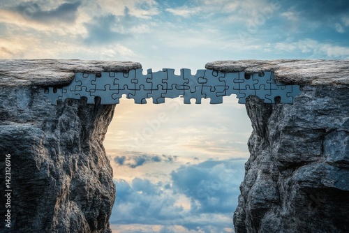 Puzzle Pieces Bridge Connecting Two Cliffs Dramatic Sky 3d gap art rock hope stone image clouds     