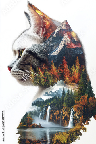 A double exposure of the side profile face and headshot of an American Shorthair Cat, with mountains, trees, waterfalls, lakes and forests in front of it photo