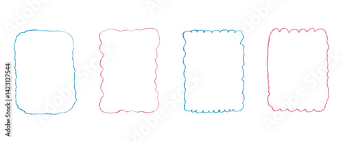 Scallop thin hand drawn frames set. Wavy rectangle borders by crayon isolated on white background. Wobbly y2k decorative simple callouts elements. Vector retro doodle blank illustration.