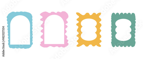 Scallop text boxes irregular frames hand drawn. Wavy groovy rectangle borders by crayon isolated on white background. Wobbly y2k decorative callouts elements. Vector retro doodle blank illustration.