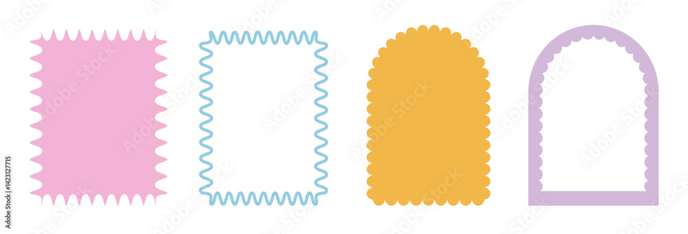 Geometric scallop text boxes frames set. Wavy groovy arch, rectangle borders isolated on white background. Wobbly y2k decorative callouts elements. Vector retro blank illustration.