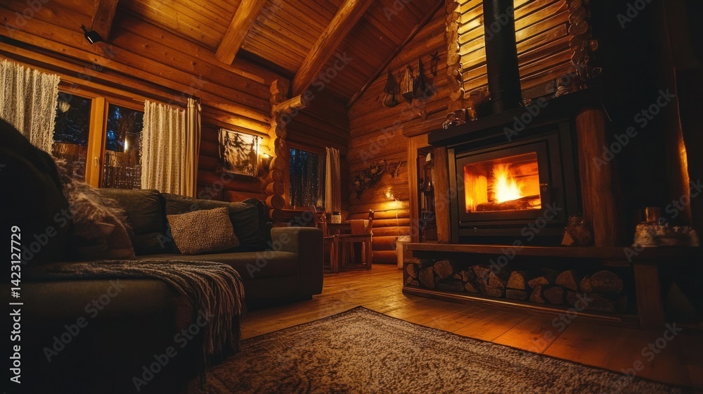 Fototapeta premium A cozy cabin interior shows the fireplace and living space