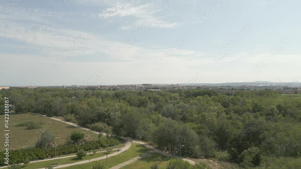Aerial drone shot over a field full of trees, with a panoramic view of a city in the background. It shows the contrast between the green nature in the foreground and the urban buildings on the horizon