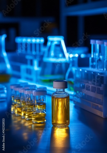 Lab samples of amber liquid in rows on a table in a research facility