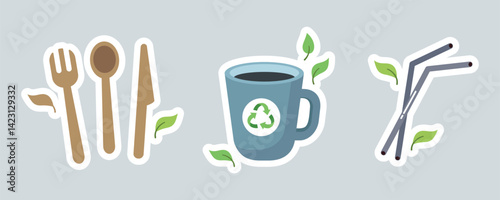 Set of eco friendly tableware items - reusable wooden cutlery, reusable ceramic cup, metal drinking straw. Zero waste concept sticker pack. Vector illustration in cartoon style