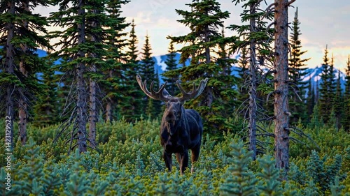 Moose standing still in pine forest