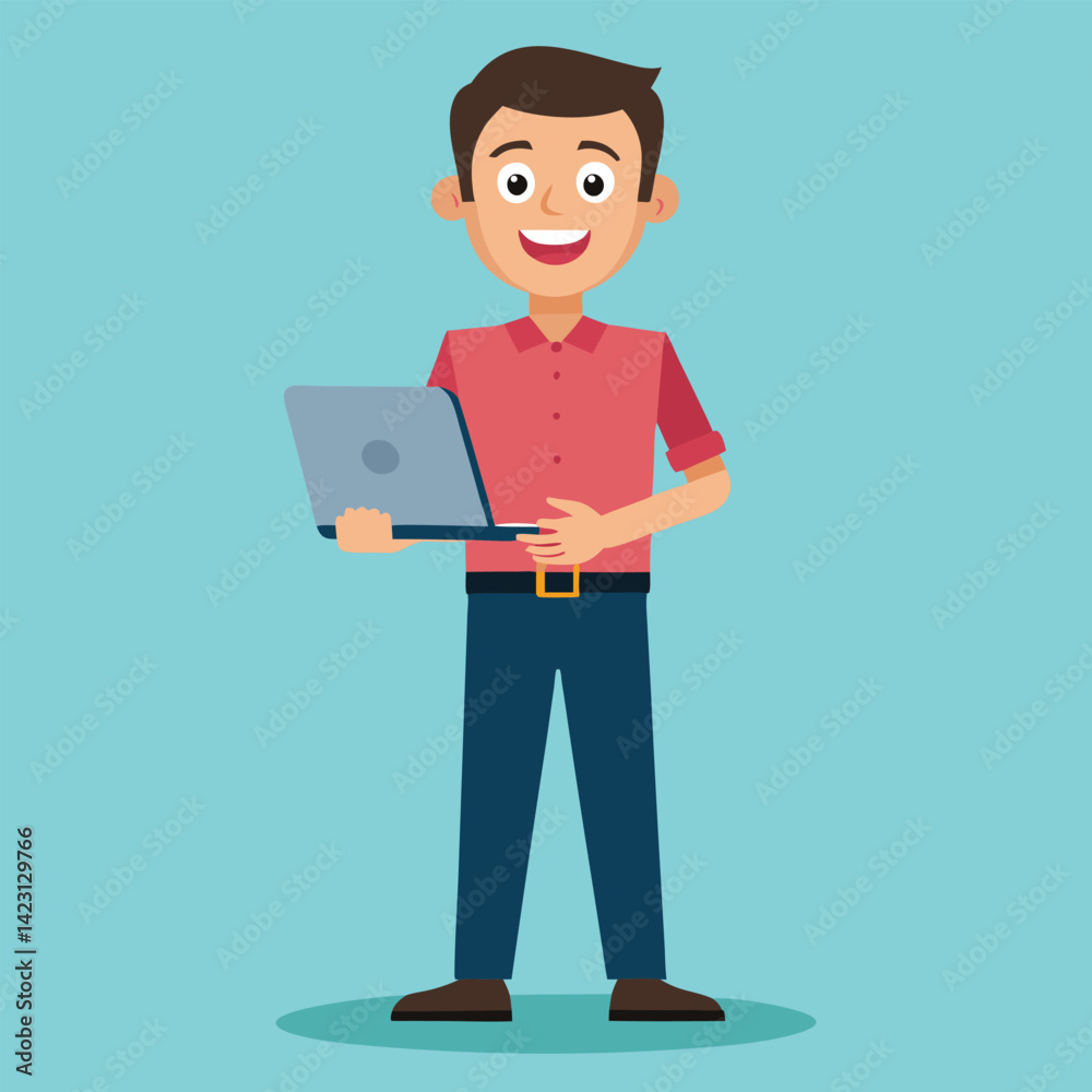 Young Man Using Laptop Concept Vector Illustration Young Man Using Laptop Concept Vector Illustration