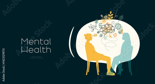 Mental Health banner. People discuss Mental Health. Modern design.