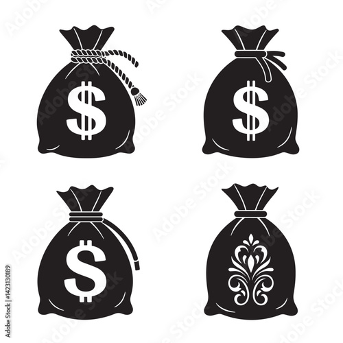 Doller icon money bag silhouette illustration 4 set design featuring bold black finance symbols perfect for digital banking savings mobile payment and investment themed vector graphics
