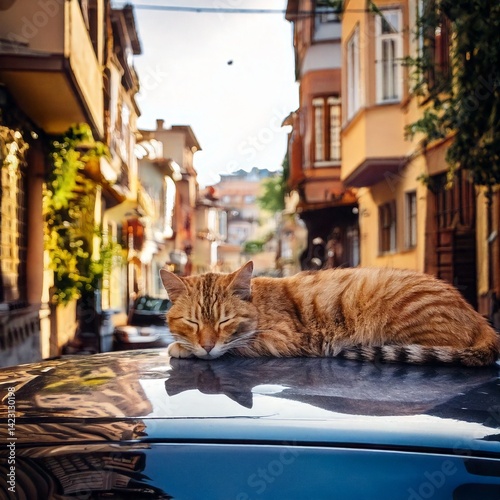 cat sleeping on car