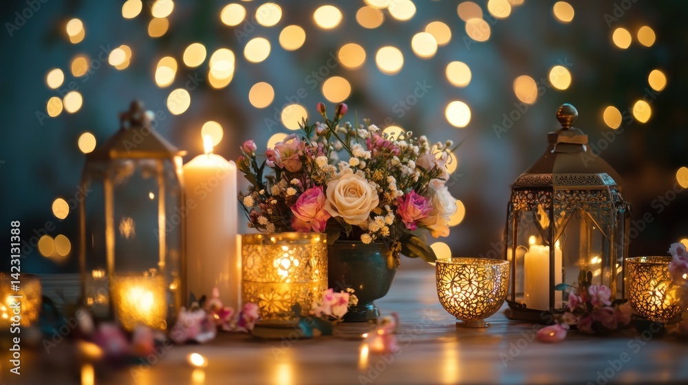 Romantic, elegant candlelit table setting with flowers and lanterns. Soft, warm glow of candles against a blurred bokeh background. Romantic, elegant candlelit table setting with flowers and lanterns. Soft, warm glow of candles against a blurred bokeh background.
