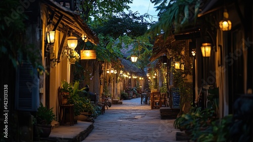 Evening Stroll Through a Historic Village, Exploring Old Streets as the Night Falls. -