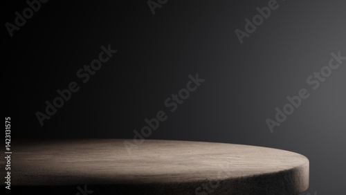 Empty round wood table on dark wall background. Wooden rustic podium. Oak nature stand product display. Modern minimal cosmetic design
