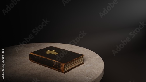Imagine a picture book of an ancient book opened on a wooden table with a sparkling golden background. With magical power. magic. lightning around a glowing glowing book In the room of darkness