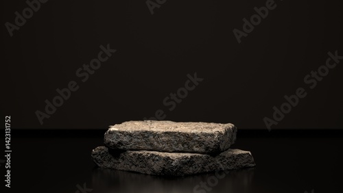 stone plate product podium on concrete background with leaf shadows. Minimal cosmetic product stone slab platform background. 3D rendering mock-up scene. Trendy neutral aesthetic mockup template for b