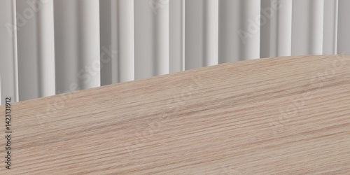 brown wooden table in front of grey corrugated metal sheet wall background with light from above for product displayed. wood table with industrial iron wall in striped line pattern backdrop