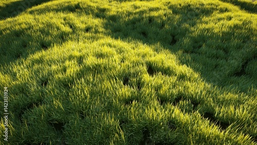 Lush Green Grass Field with Natural Sunlight and Gentle Shadows