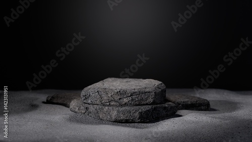 stone plate product podium on concrete background with leaf shadows. Minimal cosmetic product stone slab platform background. 3D rendering mock-up scene. Trendy neutral aesthetic mockup template 