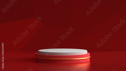 Blank red podium display. Minimalist pedestal or showcase scene for present product and mock up. product display podium. 3d rendering geometric forms. 